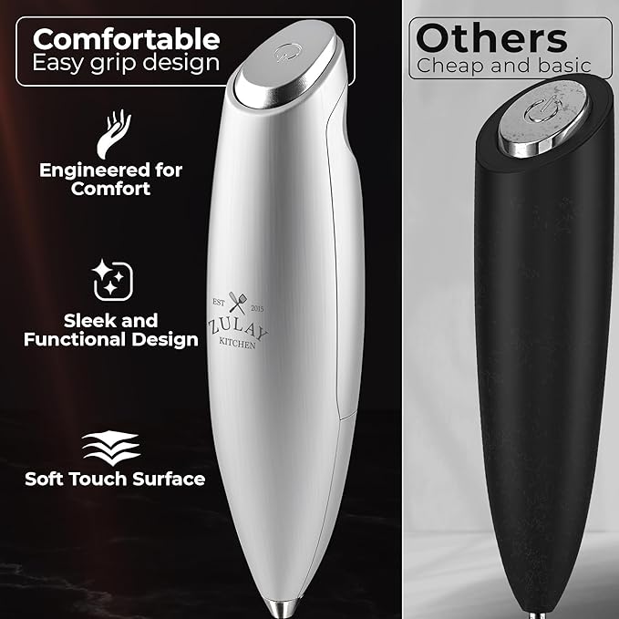 Zulay Kitchen Patented Tornado Triple Whisk Milk Frother with 4 Duracell Batteries – Handheld Foam Maker for Coffee, Lattes, Matcha & Hot Chocolate – Rich, Creamy Froth in Seconds
