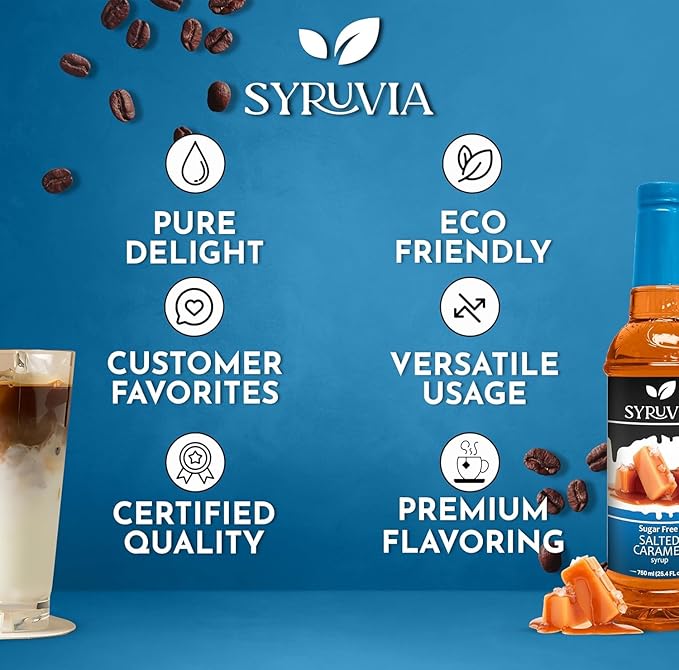 Syruvia Sugar Free Coffee Syrup, Salted Caramel Flavored Syrup for Drinks, Lattes, and Desserts – 25.4 fl oz,