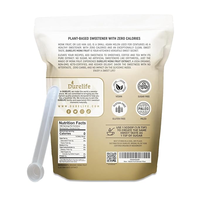 Durelife Organic 100% Pure Monk Fruit sweetener, No Erythritol, Monkfruit Extract Powder, USDA organic, NON-GMO Project Verified, Keto Certified, OU kosher, No Fillers Zero Calorie Sugar Substitute 15 OZ
