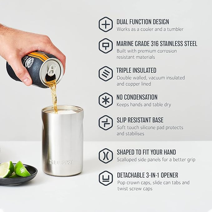 Huski Beer Cooler 2.0 | NEW | Premium Can and Bottle Holder | Triple Insulated Marine Grade Stainless Steel | Detachable 3-in-1 Opener | Works as a Tumbler | Best Gifts for Beer Lovers (White)