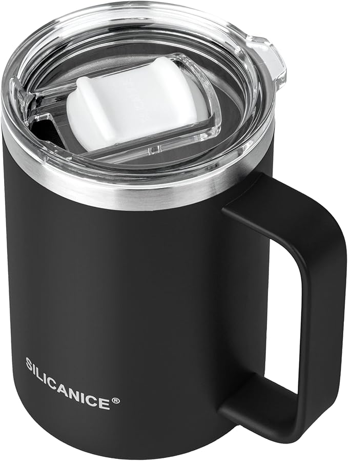14/24oz Insulated Coffee Mug Cup With Handle, 304 Stainless Steel Vacuum Insulation, Tritan Detachable Slider Lid, BPA Free, Dishwasher Safe - Office & Home - Black