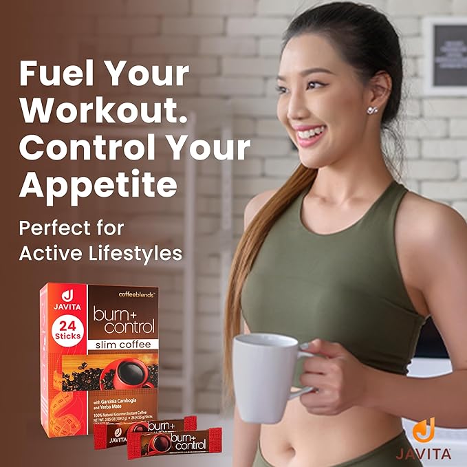 Javita Burn + Control Instant Coffee – Smooth Arabica, Robusta Blend with Garcinia & Yerba Mate – Supports Metabolism & Daily Energy – Convenient Slim-Style Coffee Mix (1 box/24 serv.)