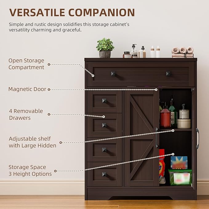 Vabches Farmhouse Storage Cabinet with 2 Doors and 5 Drawers, Freestanding Bathroom Cabinets Kitchen Pantry, Floor Storage Cabinet Hutch Cupboard for Living Room/Bathroom/Kitchen.Espresso