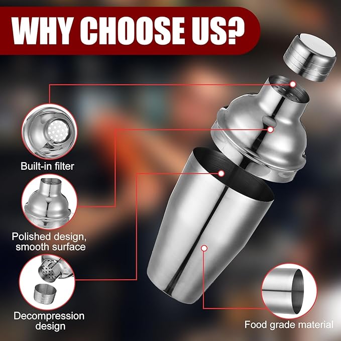 Nitial 9 Pcs Bar Cocktail Shaker Professional Stainless Steel Martini Drink Mixer Built-in Strainer for Bartending No Leaks Boston Shaker for Bar Party Drink Tool(Silver,18.6 oz)