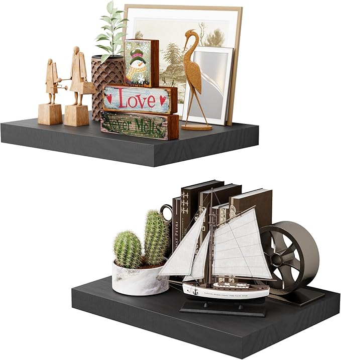Black 12 Inch Deep Floating Shelves - Set of 2, Rustic Wood Shelving Live Edge Shelves Display for Storage, Bathroom, Kitchen, Office