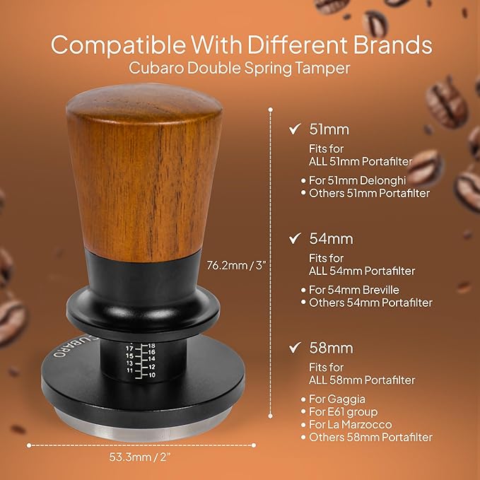 53.3mm Calibrated Espresso Tamper - 30lb Spring Loaded Auto-Leveling Coffee Tamper with Walnut Handle & Ripple Stainless Steel Base for 54mm Portafilters