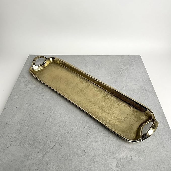 India Handicraft Modern Classic Decorative Serveware 23.5 x 6 Inch Aluminum Long Oval Serving Tray with Handles, Gold Tone