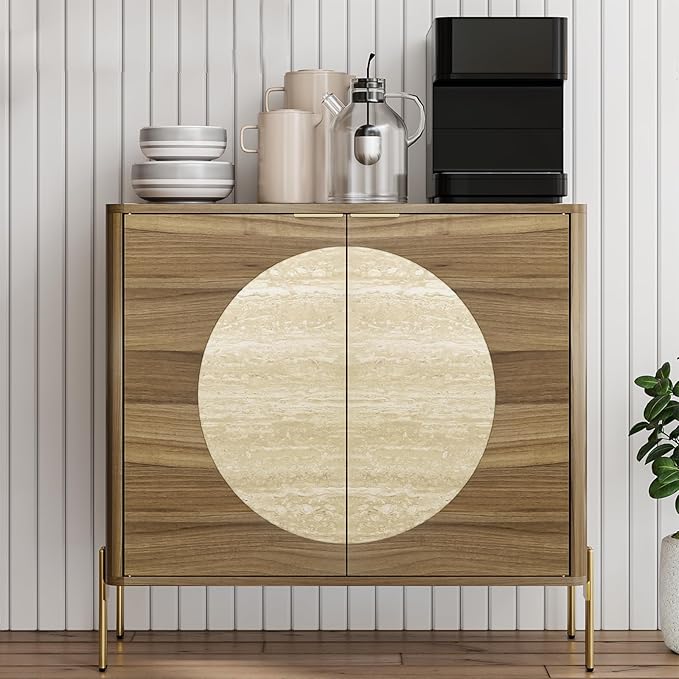 Sideboard Buffet Cabinet with Storage, Mid-Century Modern Kitchen Storage Cabinet with Adjustable Shelf and Circular Inlay Doors, Wooden Cupboard for Kitchen, Entryway