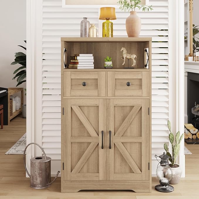 Natural Wood Storage Cabinet with Drawers and Shelves, Standing Kitchen Pantry Cabinet, Floor Storage Cabinet Hutch Cupboard, Coffee Bar Station for Dining Living Room Home Office