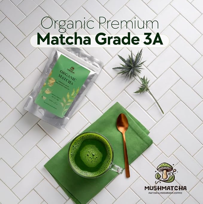 MushMatcha Organic Premium Matcha Grade 3A - Green Tea Powder Unsweetened for Lattes, Tea, and Smoothies, Smooth Taste and Natural Focus, 100% Pure Jade Leaf Blend Formula, 100g Resealable Pouch