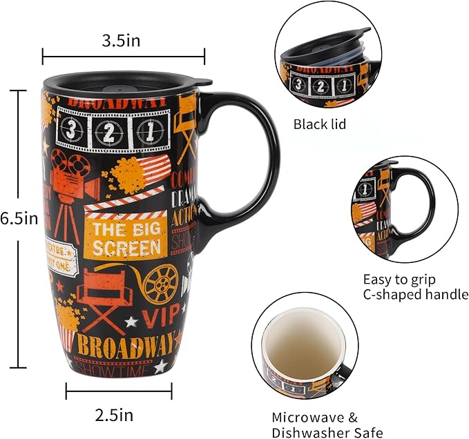 DUSVALLY Ceramic Coffee Mug with Lid for Car Cup Holder, Porcelain Travel Tea Cup for Latte, Cappuccino and Cocoa, Men Women Office & Home, 17 Oz