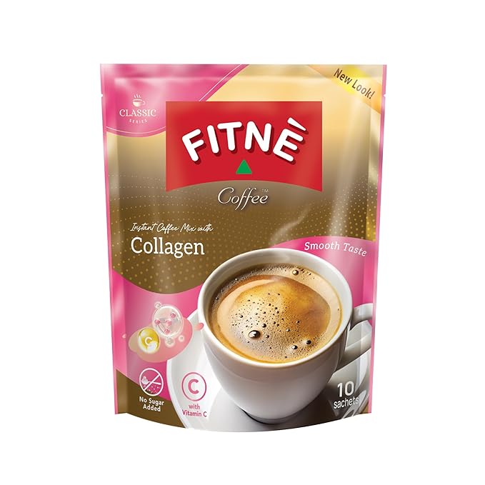 FITNE Instant 3 In 1 Coffee Packets Mix With Natural Hydrolyzed Collagen Vitamin C Smooth Blend Tasty Aromatic No Sugar Sucralose Sweetener, 10 Sachets