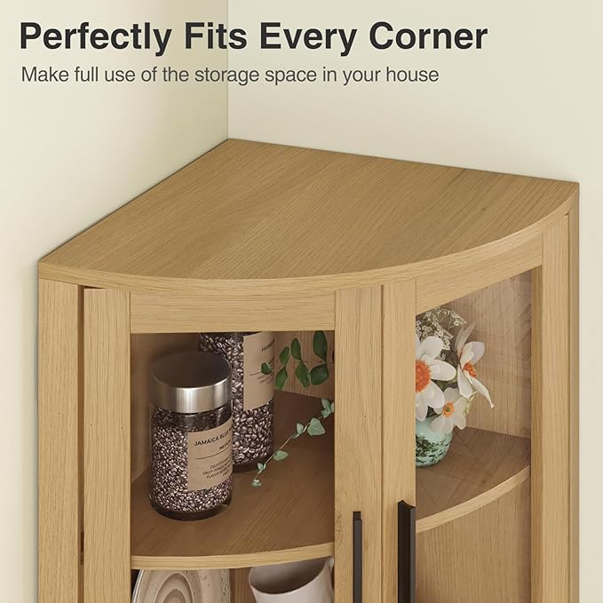 64.9" Tall Corner Cabinet, Modern Fluted Storage Cabinet with Glass Door and 5 Storage Shelves, Space Saver for Kitchen, Bathroom, Living Room, Natural