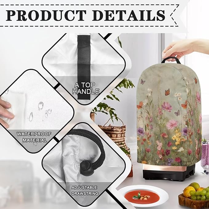 Wildflower Butterfly Blender Cover Dust Proof Small Appliance Cover Foldable Dust Cover Kitchen Decorations for Blender Food Processor Juicer