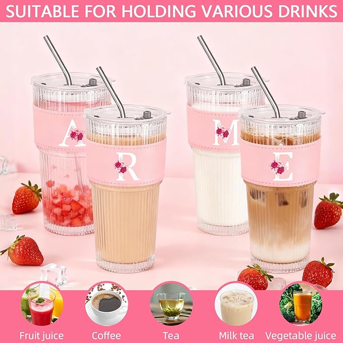 Personalized Gifts for Women,20oz Ribbed Glass Tumbler,Monogrammed Gifts for Women,Birthday Gift,Ice Coffee Mug,Christmas Gift for Mom Sister-E