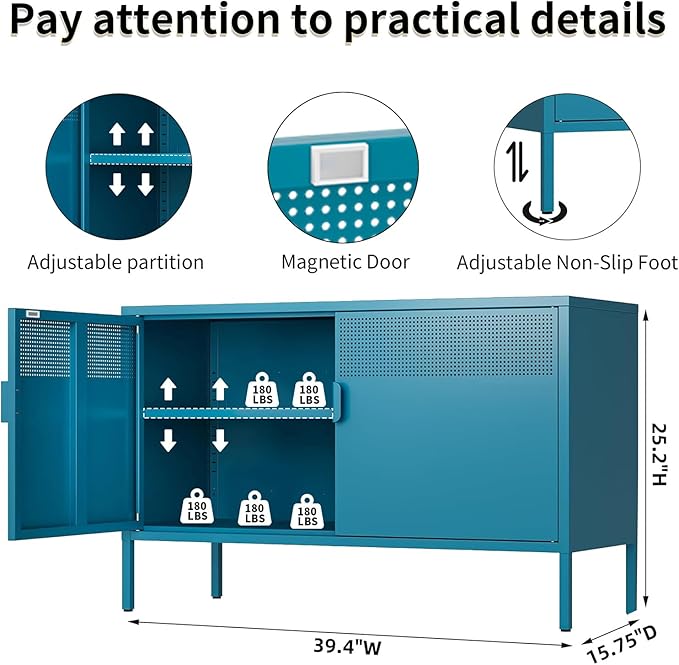 Blue Metal Storage Cabinet with 2 Doors - 25''H TV Stand, 2 Tier Locker with Adjustable Shelves,Multipurpose TV Cabinet for Office, Home, Living Room, Kitchen