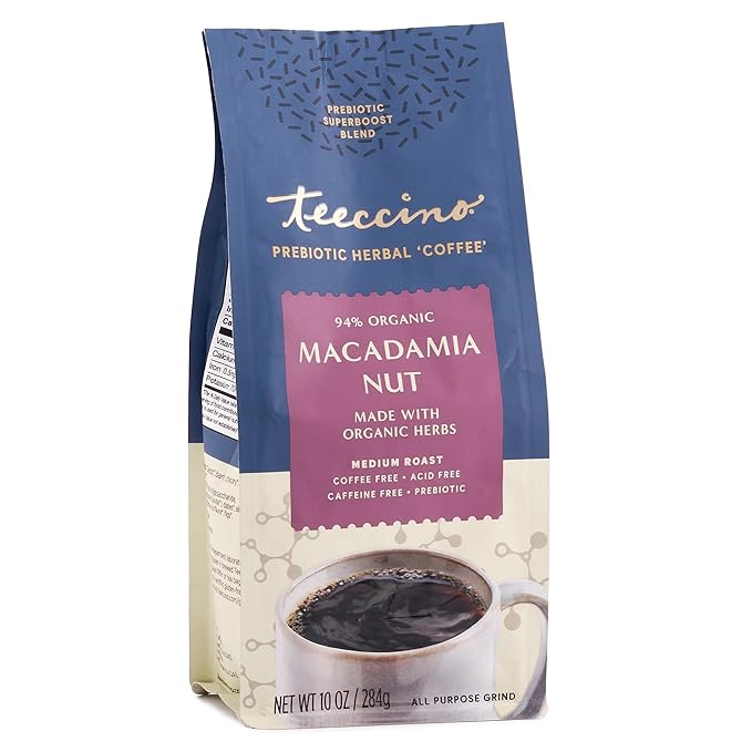 Teeccino Macadamia Nut Prebiotic SuperBoost™ Coffee Alternative - Support Your Probiotics with Caffeine-Free Herbal Coffee Featuring 3 Vegan Prebiotics for Good Gut Health & Regularity, 10 Ounce