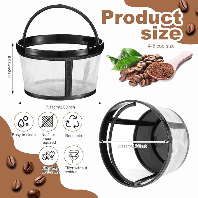 Maxdot 4 Packs Reusable Coffee Filters 4-5 Cup Replacement Mesh with Handle 2.8 x 3.1 x 2 Reusable Filter Basket Compatible with Mr. Coffee Most Coffeemakers Brewers Universa(Nylon,White)