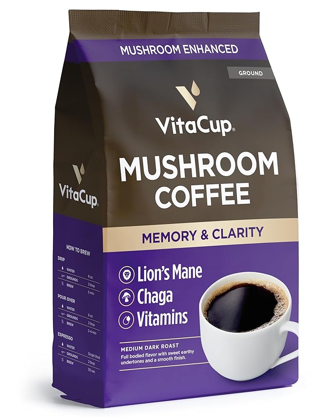 VitaCup Focus Mushroom Coffee Grounds, with Lions Mane, Chaga, B Vitamins, D3, Boost Focus, Immunity, Memory & Clarity, Medium Dark Roast, Bold & Smooth 100% Arabica Specialty, 10 Oz