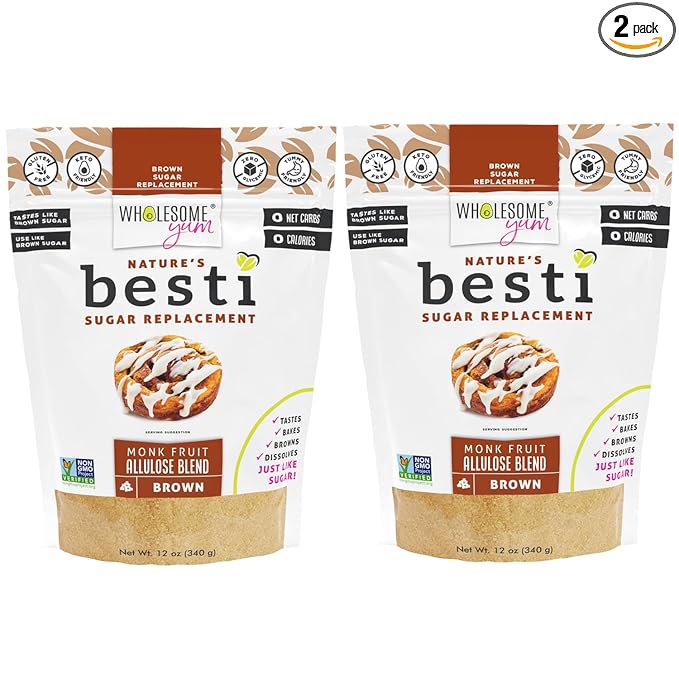 Wholesome Yum Besti Natural Brown Sugar Substitute - Keto Brown Monk Fruit Sweetener Blend With Allulose (No Erythritol) - Non GMO, Zero Carb, Zero Calorie, Sugar Free, No Aftertaste (12 oz, 2 Pack)