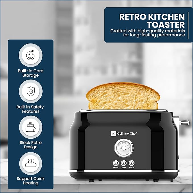 Frigidaire ETO102-WHITE, 2 Slice Toaster, Retro Style, Wide Slot for Bread, English Muffins, Croissants, and Bagels, 5 Adjustable Toast Settings, Cancel and Defrost, 900w, Black