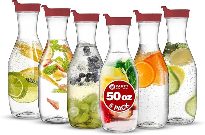 PARTY BARGAINS 50 oz. Plastic Carafe with Lids - Clear, 6 Count, Red Flip Tab Lid Premium Quality & Heavy Duty Plastic Pitcher for Iced Tea, Powdered Juice, Cold Brew, Mimosa Bar Red Cap
