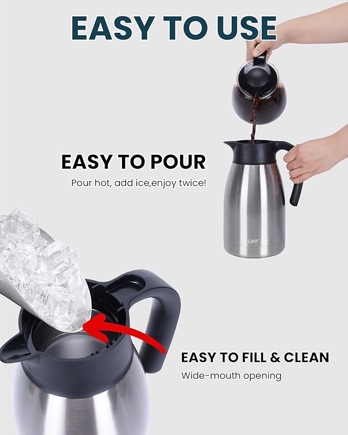 GiNT 51Oz Stainless Steel Thermal Coffee Carafe with Lid/Double Walled Vacuum Thermal Carafe / 12 Hour Heat Retention (Silver, 1.5L)
