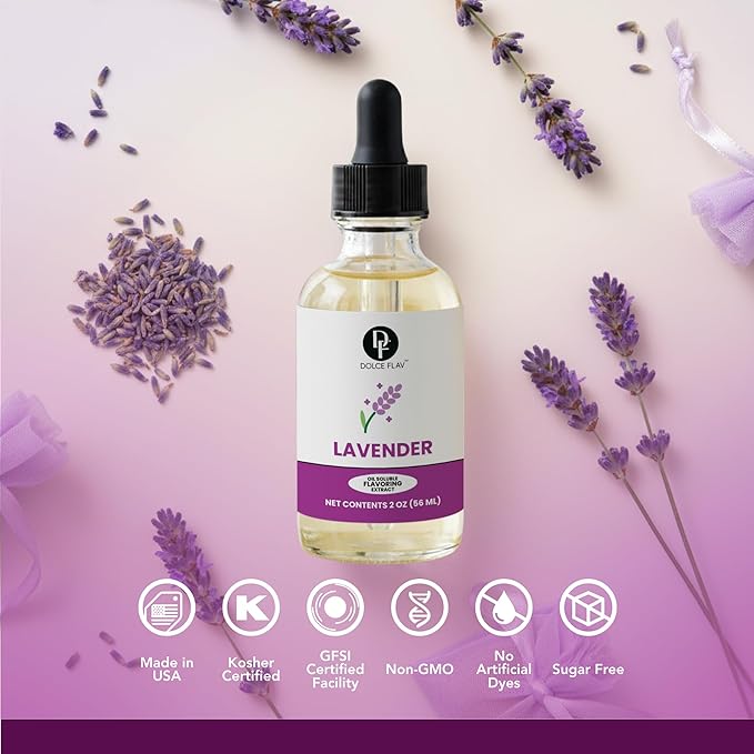 Dolce Flav Natural Lavender Extract – 2 Ounce Oil-Soluble Kosher, Sugar-Free, Concentrated Floral Lavender Flavoring for Baking, Chocolates & Desserts, Includes Measured Dropper