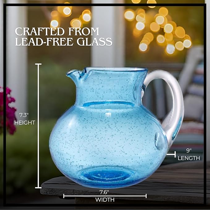 Artland Iris 90 Oz Handblown Glass Pitcher - Bubble Shape, Lead-Free - Versatile Drink Dispenser for Water, Juice, Cocktails - Enhanced Kitchen Decor, Dishwasher Safe (Turquoise)