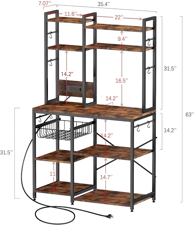 Luckyeestar Kitchen Bakers Rack with Power Outlet, 35.4" 6-Tier Microwave Stand, Coffee Bar with 12 S-Shaped Hooks, Adjustable Feet Pads&150lbs CapacityKitchen Shelf with Wire Basket, Rustic Brown