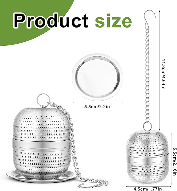 Tea Ball Infuser for Loose Tea, Extra Fine Mesh Stainless Steel Teas Strainers with Extended Chain Hook and Drip Tray for Black Teas, Rooibos, etc