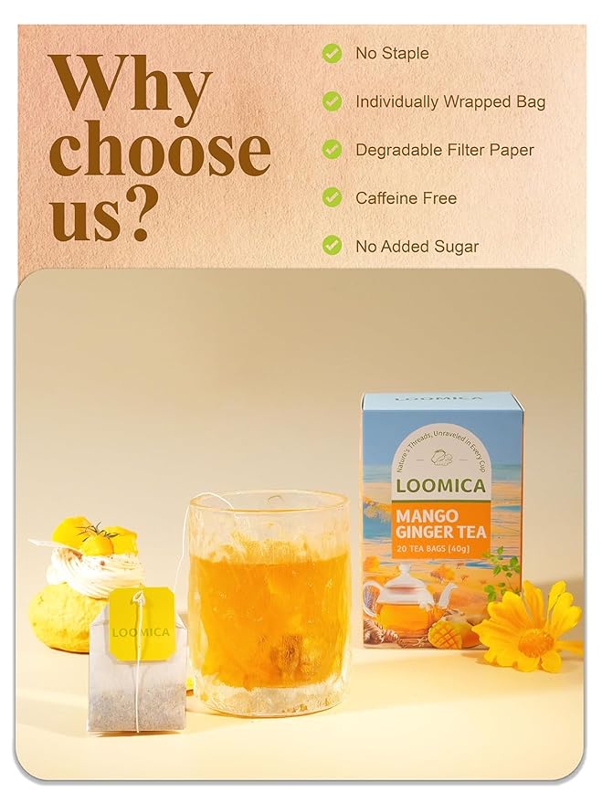LOOMICA Mango Ginger Tea Bags, Caffeine-Free, Spiced Herbal Tea with Ginger, Cardamom & Cinnamon, Naturally Sweet & Tropical Vibe, Perfect for Relaxation, 20 Counts