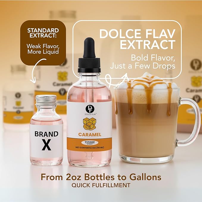 Dolce Flav Natural Caramel Extract - 2 Ounce Water-Soluble Multipurpose Flavoring Ideal for Baked Goods, Beverages, Coffee, Desserts & Ice Cream - Perfect Kitchen Gift for Holidays