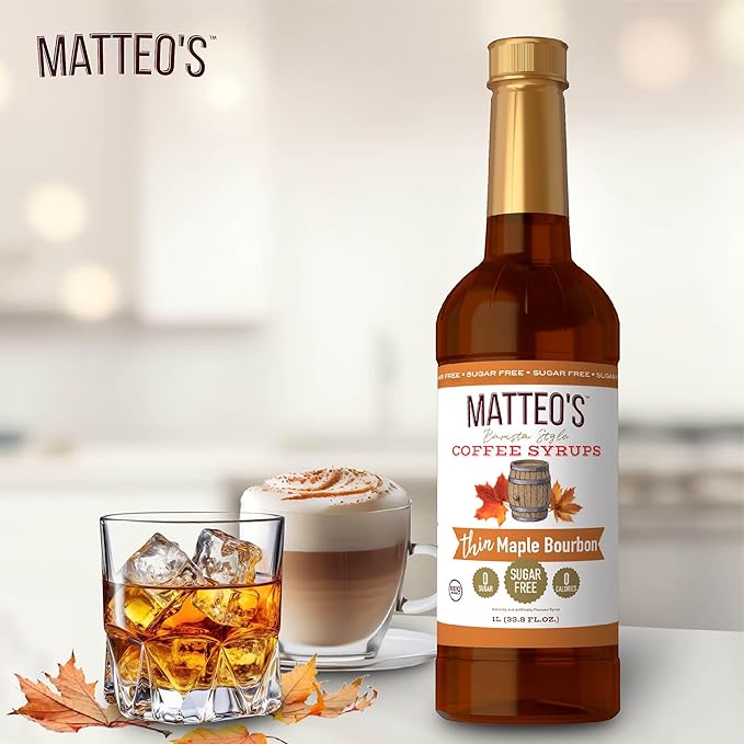 Matteo's Maple Bourbon Syrup for Coffee, Lattes, Cappuccinos & Desserts – Sugar-Free Sweetener for Beverages, Keto Friendly, Zero Calories, Indulgent Flavor, Non-Alcoholic, 33.8oz (1pk)