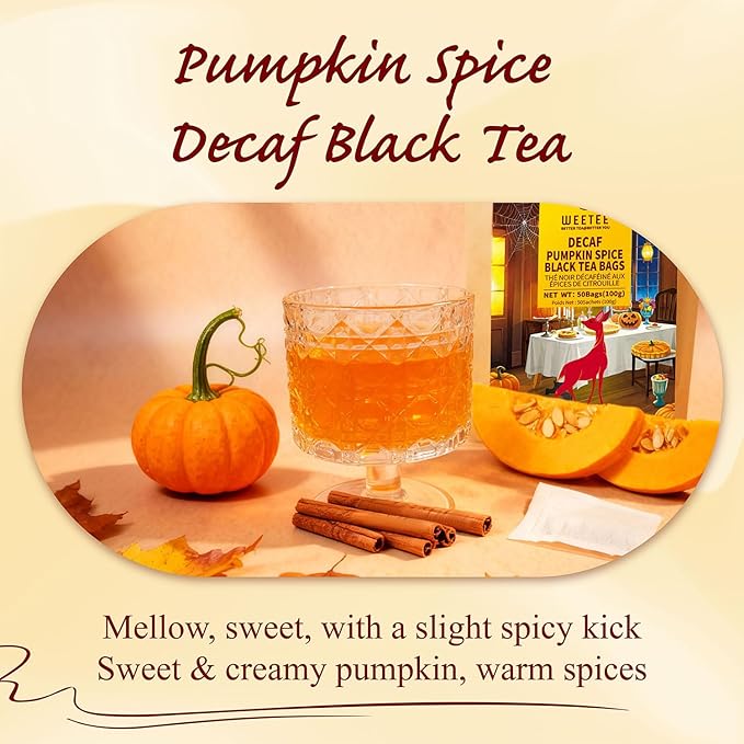 WT WEETEE Decaf Pumpkin Spice Tea, 50 Count Decaffeinated Black Tea Bags with Pumpkin Spice Chai Flavor, Warm, Spicy & Aromatic, Holiday and Fall | Halloween Tea