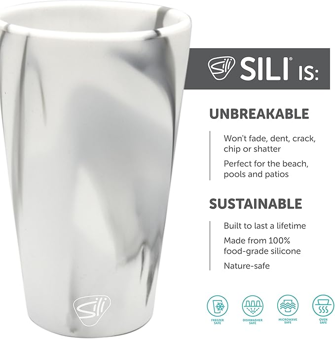 Silipint 16oz Silicone Pint Glass – Unbreakable BPA-Free Reusable Silicone Drinking Cup – Flexible Dishwasher Microwave & Freezer Safe – Stemless Glass for Coffee Smoothies (Mountain Marble)