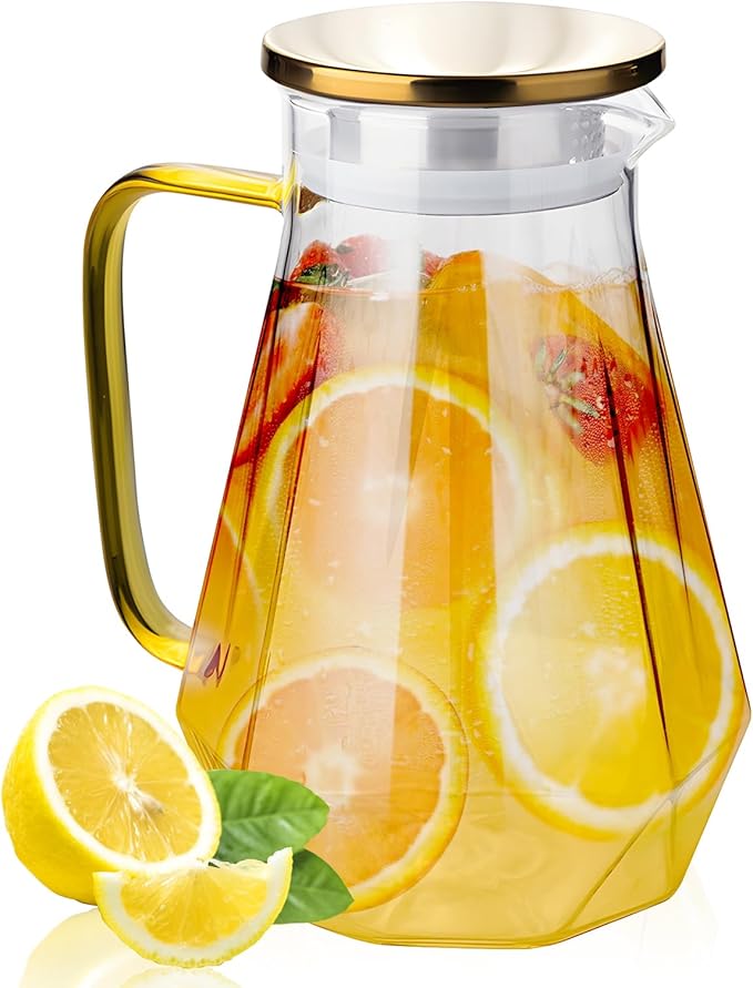 2L Borosilicate Glass Water Pitcher with Lid, 68oz Iced Tea/Coffee Carafe with Spout, Cold Brew Coffee Dispenser, Water Jug for Juice, Homemade Beverage, Diamond Cut Design for Refrigerator