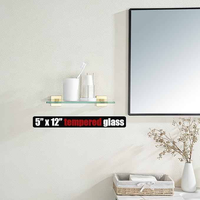 JQK Bathroom Glass Shelf Gold, Tempered Glass Shower Storage 12 by 5 inches, 304 Stainless Steel Brushed Gold Wall Mount, TGS201L12-BG