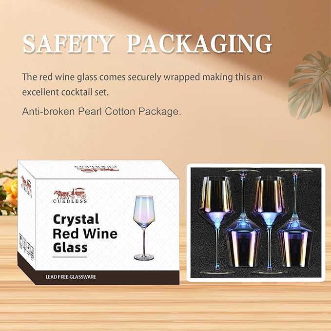CUKBLESS Red Wine Glasses Set of 4, 20 oz Iridescent Hand Blown Wine Glasses, Long Stem Glasses for Red or White Wine, for Birthday, Wedding