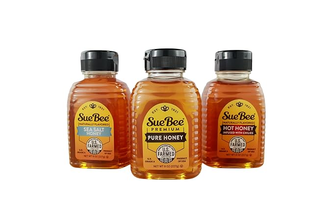Sue Bee® Sweetness Sampler – 3 Pack Honey Gift Set | Original, Hot & Sea Salt | Pure U.S. Farmed™ Certified | Gourmet Gift Set for Foodies, Cooking, Tea, Charcuterie & Holiday Gifting 8 Oz (Pack of 3)