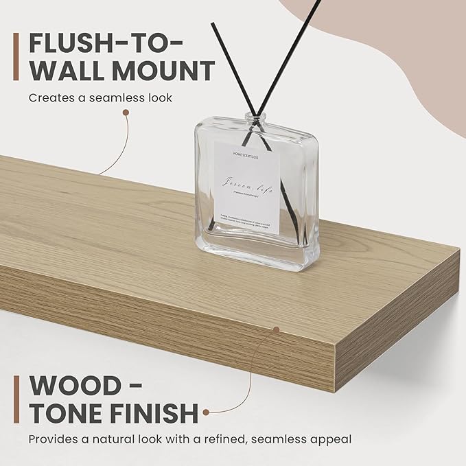 55 Inch Floating Shelves, 8 Inch Deep Floating Shelves for Wall, Hanging Shelf with Invisible Brackets, Deep Shelves for Bathroom, Bedroom, Living Room, Oak, Set of 1
