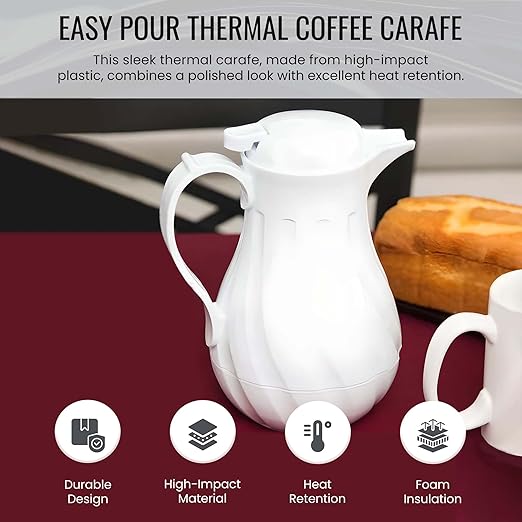 OCS Parts Easy Pour Thermal Coffee Carafe | 8-Inch Insulated Hot and Cold Beverage Pitcher Server for Coffee, Tea, Hot Chocolate and Water with Colored Tags for Easy Idenfication | 20-Ounce | White