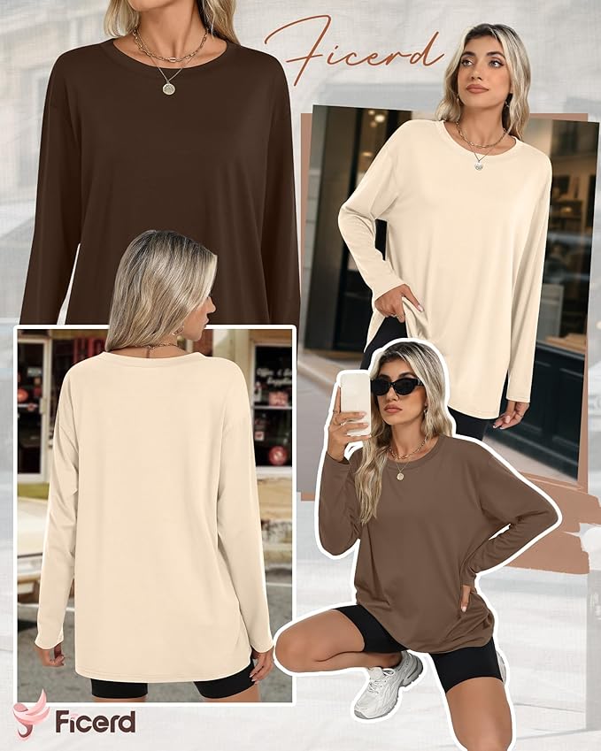 Ficerd 3 Pack Women's Oversized Long Sleeve Shirts Cotton Gym Round Neck Tops Loose Fit Casual Workout Baggy Fall Basic Tee