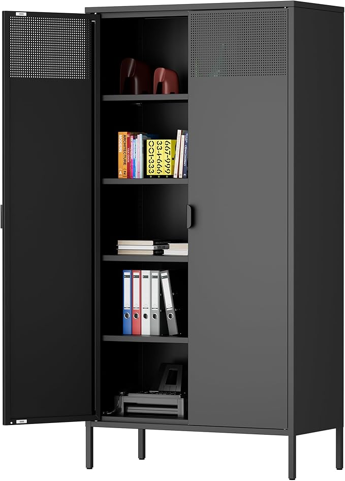71 inches Black Metal Storage Cabinet with Doors and Shelves, 5 Tier Pantry Cabinet, Metal Cabinet for Home, Office, Dining, Laundry, Living, Bathroom and Utility Use