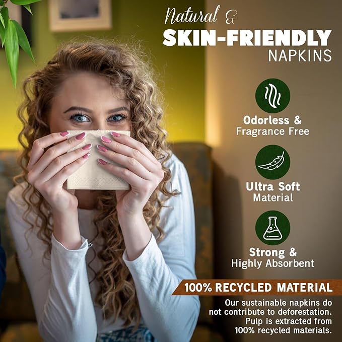 Weemium Compostable Napkins Disposable - FSC Certified - Pack of 300, 2-Ply - 5 x 5 Inch Folded - Post-Consumer Recycled Materials - Biodegradable & Highly Absorbent Paper Napkins for Lunch & Dinner