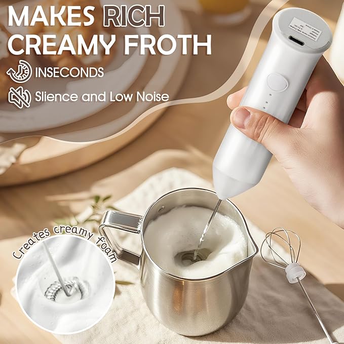 Milk Frother Handheld Rechargeable, Frother Wand Drink Mixer Electric Whisk for Coffee, Detachable With 2 Stainless Whisks, Hand Mixer for Lattes, Matcha, Egg, Gift for Christmas(White)
