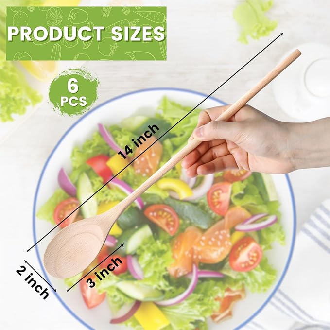 HANSGO 6PCS Wooden Spoons, 14 Inch Long Handle Cooking Spoons for Deep Pots, Wooden Utensil Set for Stirring Soups, Sauces, Stews and DIY Crafts, Sturdy & Lightweight