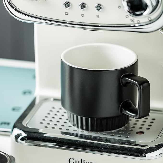 Stackable Coffee Mugs with Stand, 11oz Ceramic Latte Cup Set of 4 for Espresso Cappuccino Tea Hot Cocoa, Dishwasher & Microwave Safe, Black