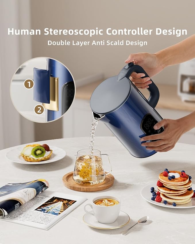 Tisania Electric Kettle with Temperature Control, Cordless Kettle 1.7L for Milk, Tea & Coffee, 5 Presets 2H Keep Warm, 304 Stainless Steel BPA-Free,Blue