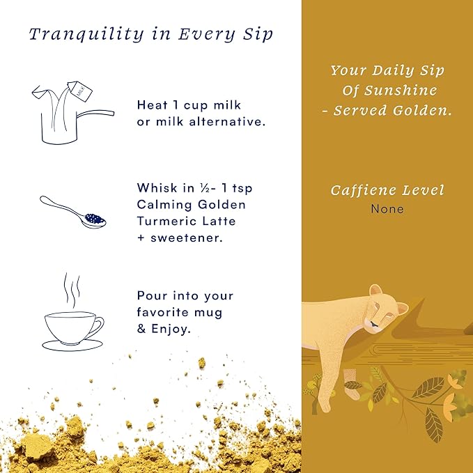 Herbs & Kettles Calming Golden Turmeric Latte | Caffeine-Free Blend with Turmeric, Ashwagandha & Spices | 25-30 servings | Ayurvedic Drink for Warming, Soothing & Wellness | Golden Latte Mix, 1.76 oz | Enjoy Hot or Iced